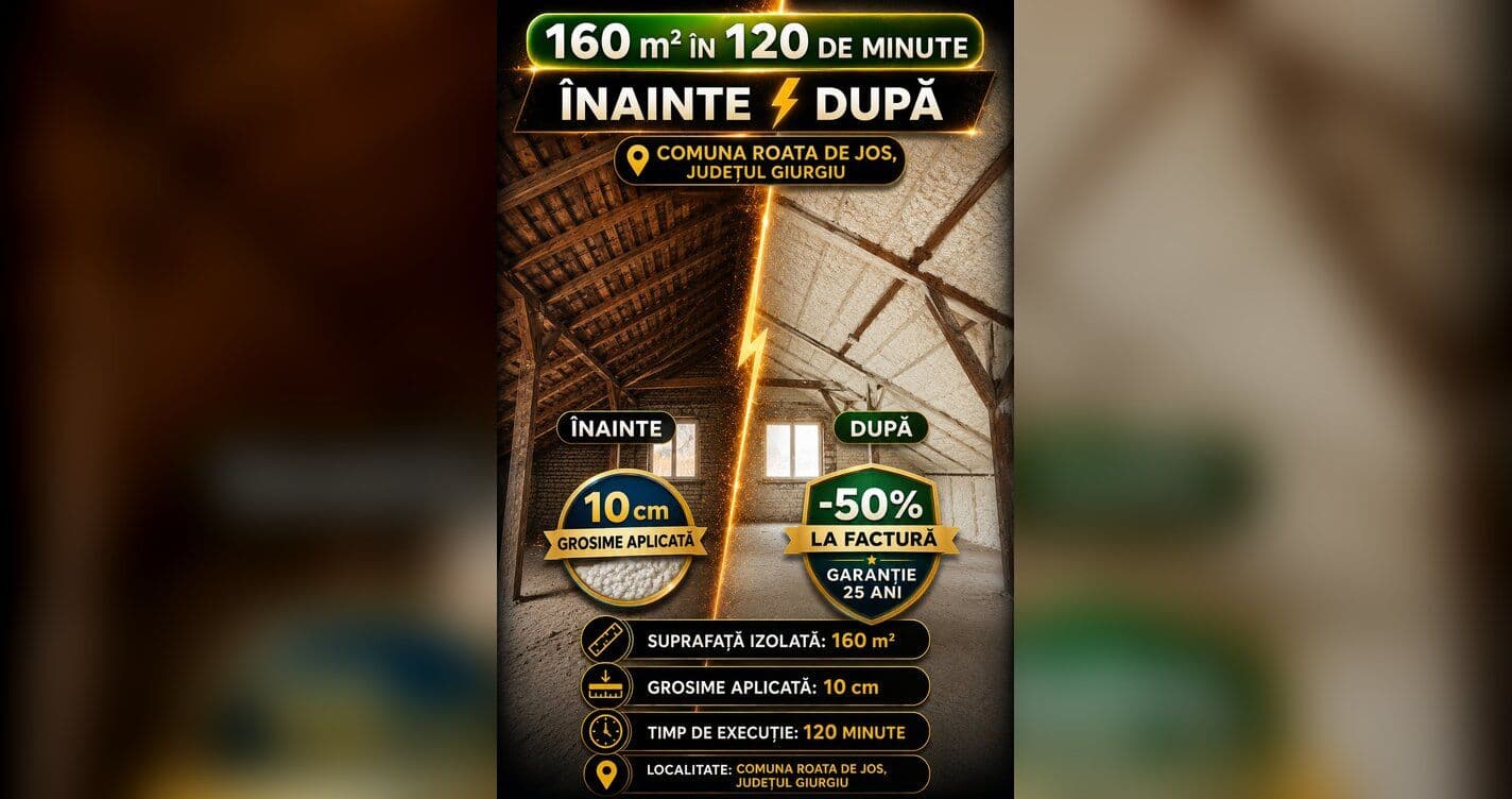 Izolație pod spumă poliuretanică înainte și după – 160 m², 10 cm grosime, 120 minute, Comuna Roata de Jos, județul Giurgiu